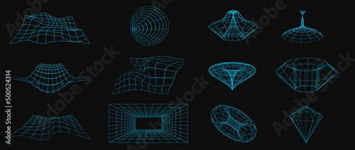 Fototapeta Naklejka Na Ścianę i Meble -  Collection of futuristic cyberpunk style elements. Geometric wireframe of circle, earth, distortion, grid with blue color. Retro graphic on black background for decoration, business, cover, poster.