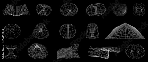 Collection of futuristic cyberpunk style elements. Geometric wireframe of circle, earth, distortion, grid with white color. Retro graphic on black background for decoration, business, cover, poster.
