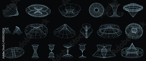 Collection of futuristic cyberpunk style elements. Geometric wireframe of circle, earth, distortion, grid with blue color. Retro graphic on black background for decoration, business, cover, poster.
