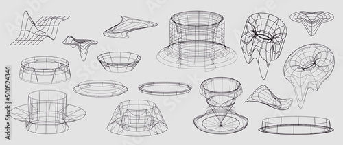 Collection of futuristic cyberpunk style elements. Geometric wireframe of circle, earth, distortion, grid with black color. Retro graphic design perfect for decoration, business, cover, poster.