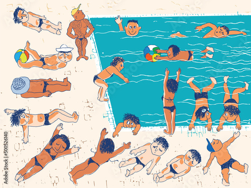 Group of people sunbathing and swimming in the pool. Vector illustration, hand drawn
