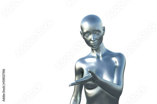 3D render portrait of a silver bald woman on a white background.