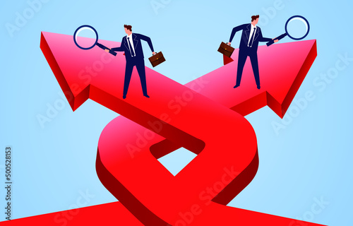 Businessman with a magnifying glass exploring different directions at the crossroads