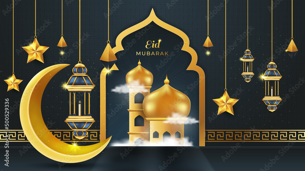 Eid Mubarak Arabic elegant luxury ornamental Islamic background with Islamic decorative golden moon lantern star