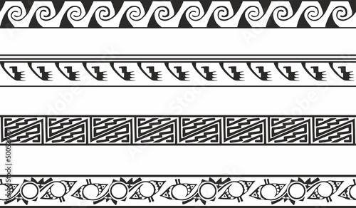 Vector monochrome set of seamless borders, native american frames. The endless pattern of the peoples of Central and South America, the Aztecs, the Maya, the Incas