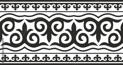 Vector monochrome seamless Kazakh national ornament, yurt decoration. Endless black border, frame of the nomadic peoples of the Great Steppe. For sandblasting, laser and plotter cutting.