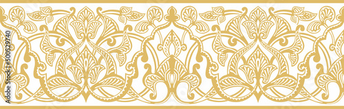 Vector gold seamless arabic ornament. Orange endless arabesque, border.