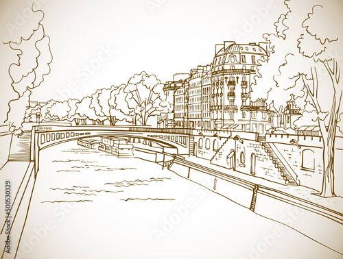 Nice view of old Paris, Notre Dame de Paris and river Seine. Paris, France. Hand drawn sketch. Line art. Ink drawing. Sepia vector background on white. For illustration and vintage Postcards.
