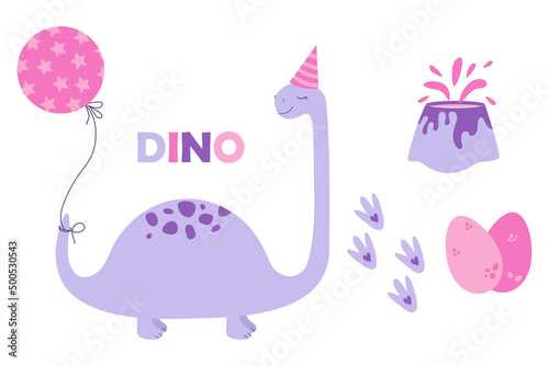 Cute dinosaurs set:  eggs, volcano, footprints,