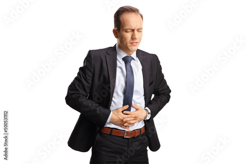 Businessman experiencing abdominal pain