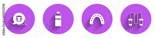 Set Boxing helmet, Fitness shaker, Mouth guard boxer and Jump rope icon with long shadow. Vector