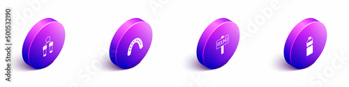 Set Isometric Jump rope, Mouth guard boxer, Boxing ring board and Fitness shaker icon. Vector