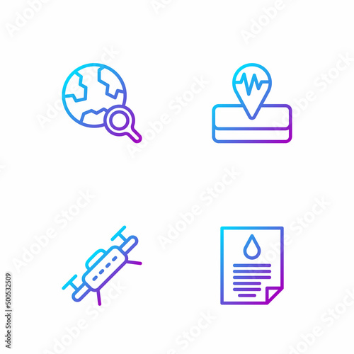Set line Oil drop document, Drone, Magnifying glass with globe and Earthquake. Gradient color icons. Vector