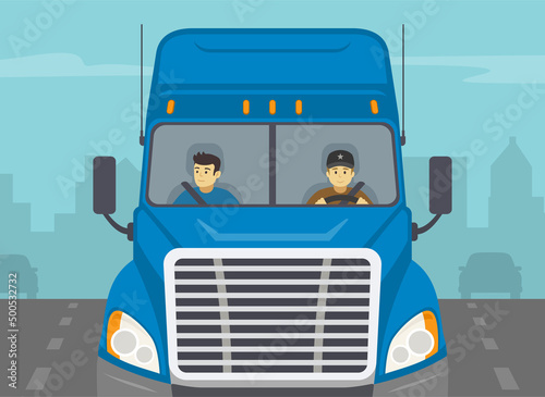 Truck driving on a city road. Close-up view of a blue semi-trailer driver and his co-driver. Flat vector illustration template.
