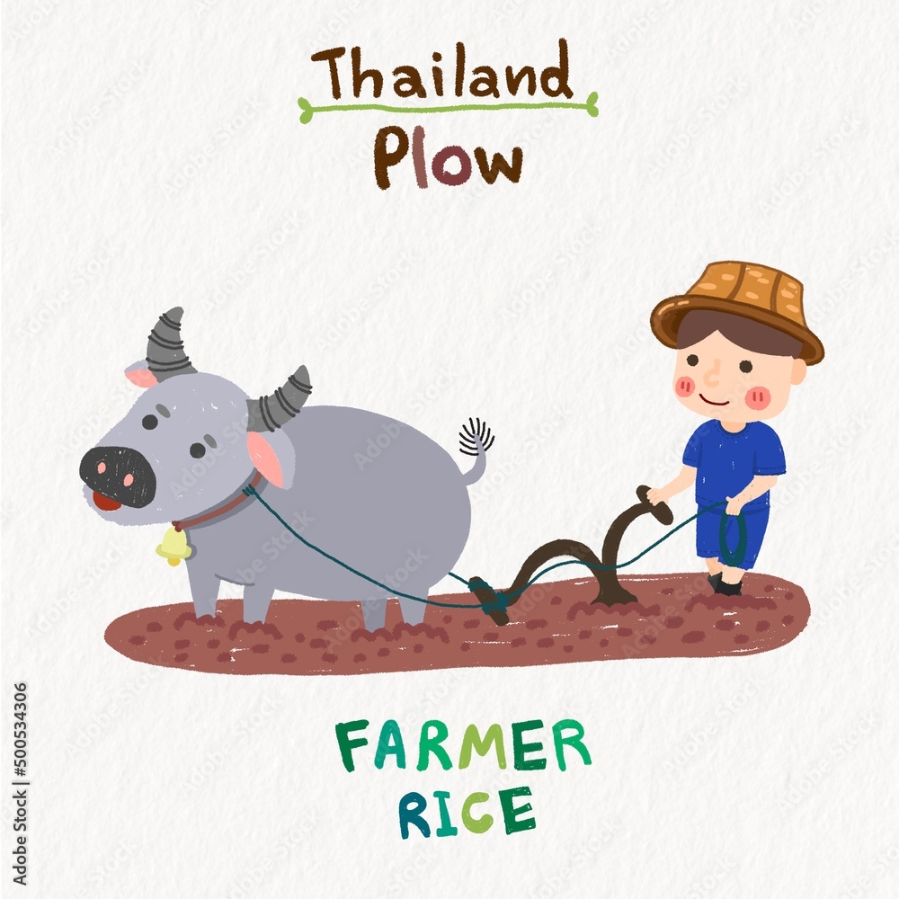 Cute cartoon drawing, Thai rice farm, plowed by buffalo. Stock Illustration  | Adobe Stock