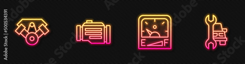 Set line Motor gas gauge, Power car engine, Check and Car service. Glowing neon icon. Vector