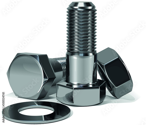 two bolts, a nut and a washer on a white background