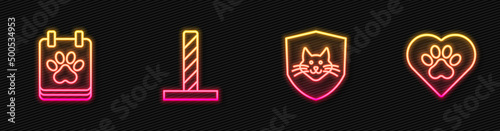 Set line Animal health insurance, Calendar grooming, Cat scratching post with toy and Heart animals footprint. Glowing neon icon. Vector