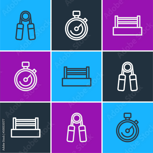 Set line Sport expander, Boxing ring and Stopwatch icon. Vector