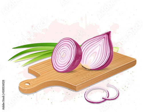 Half pieces of Onion vegetable  vector illustration on a wooden chopping board