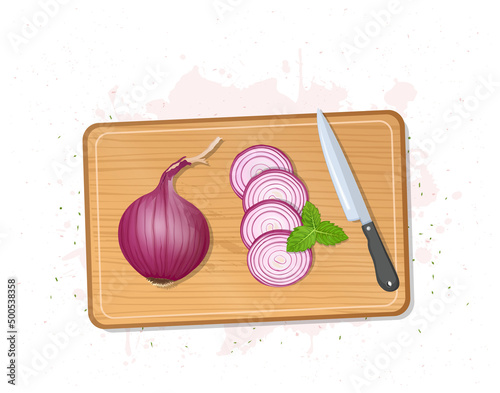 Onion root vegetable vector illustration with round slices of onion and a sharp knife on a wooden chopping board