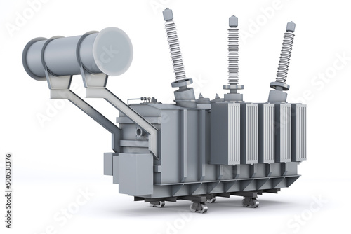 Large industrial transformer on a white background. Isolated. A high voltage power transformer is used in a substation. 3d illustration