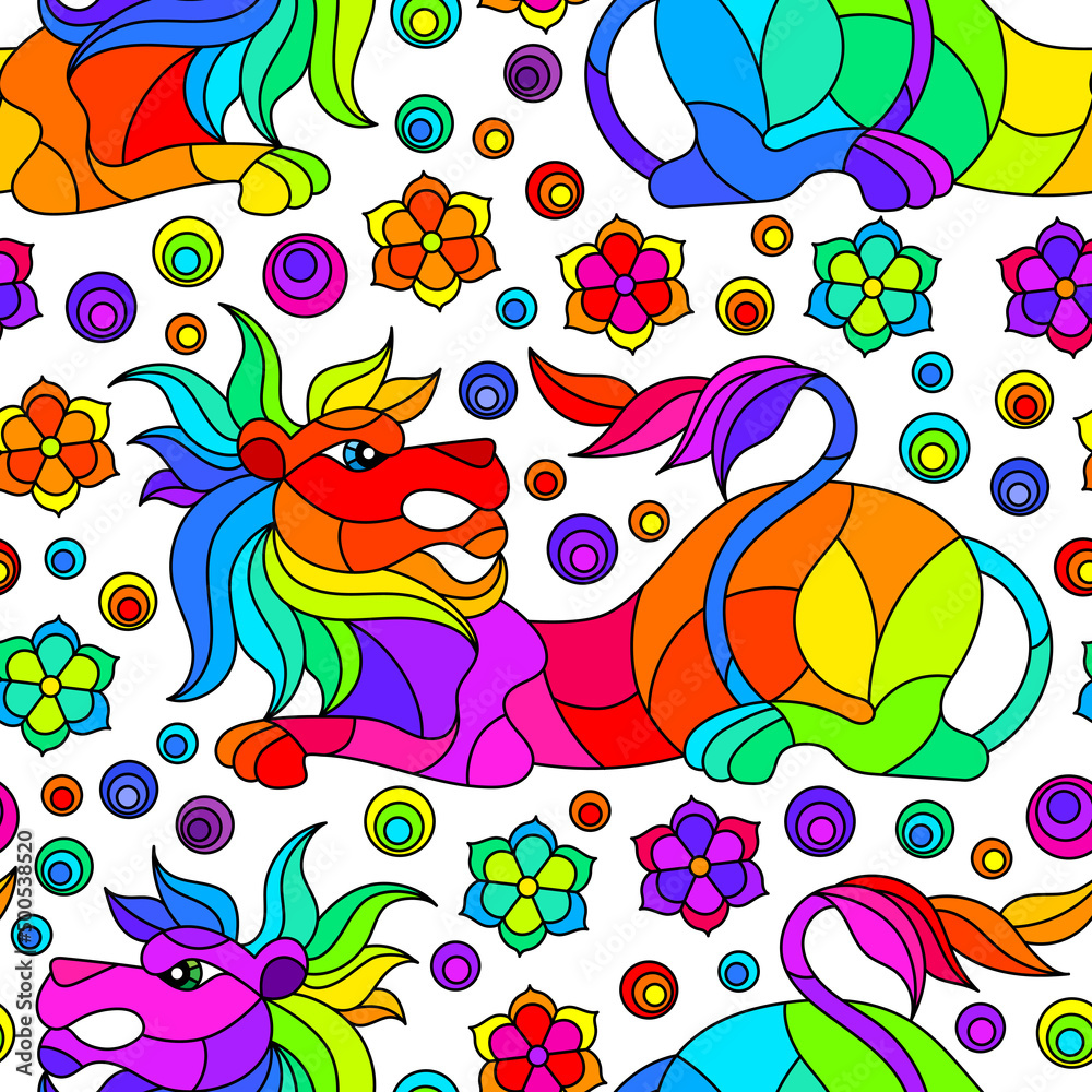 Seamless illustration with abstract lions and flowers, animals in stained glass style on a white background Seamless illustration with abstract lions and flowers, animals in stained glass style on a white background
