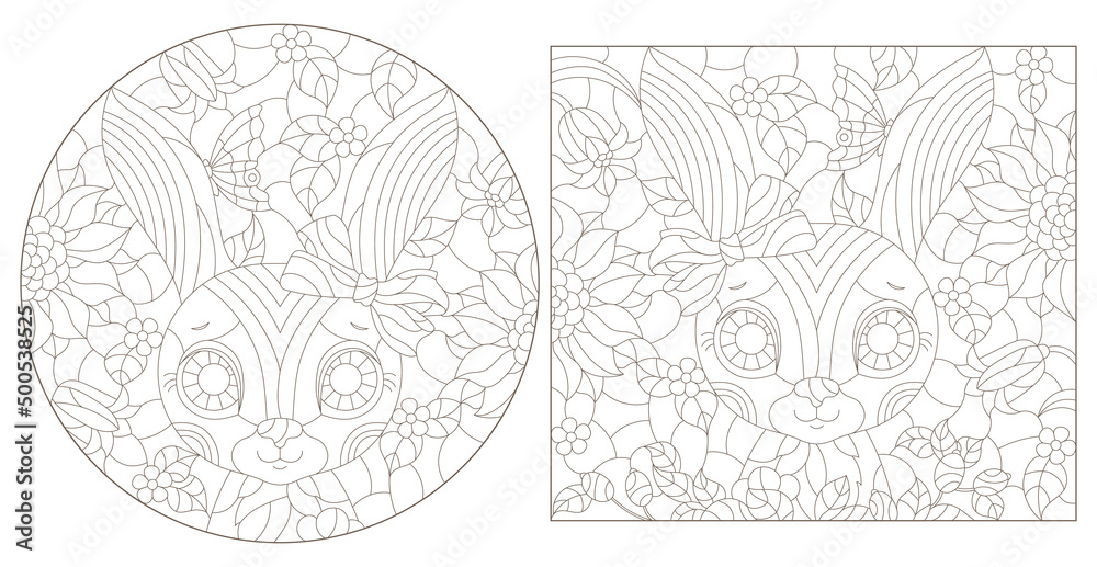 A set of contour illustrations in the style of stained glass with portraits of cute cartoon rabbits on a background of flowers