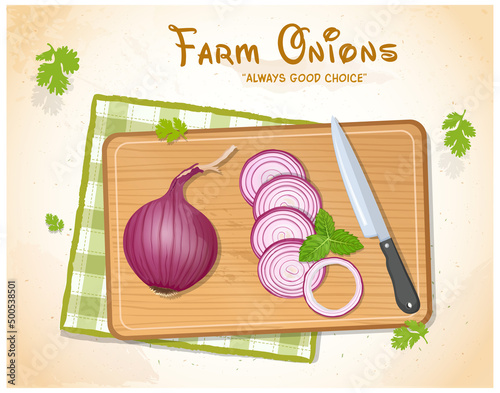 Red Onion Vegetable vector illustration with round slices and sharp knife on wooden chopping board 