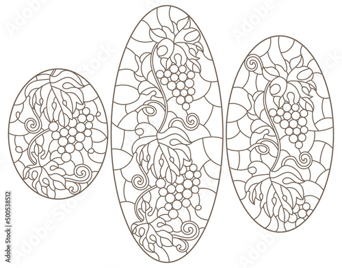 A set of contour illustrations with grape vines, dark contours on a white background