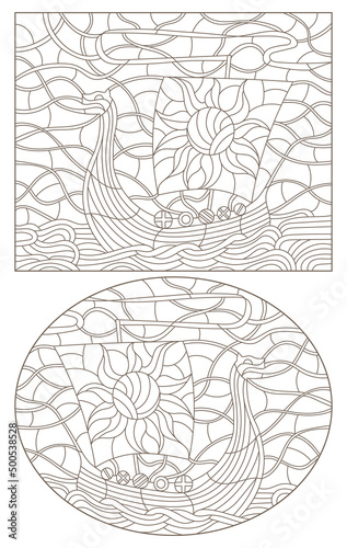 A set of contour illustrations in the style of stained glass with ancient Viking ships, dark contours on a white background