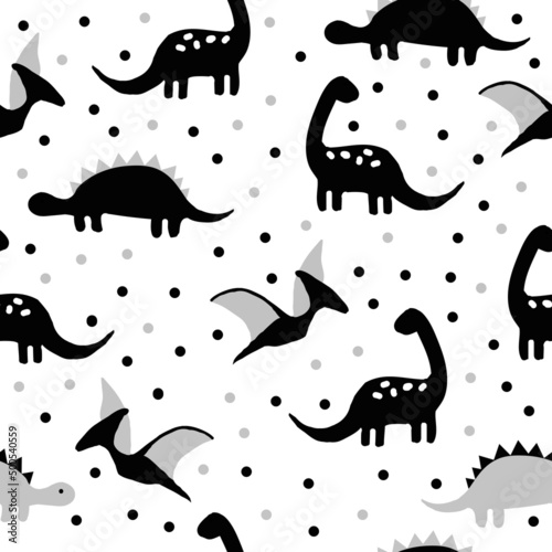 A simple set of dinosaurs. Black and gray dinosaurs  dots. white background. vector illustration. Fashionable print for textiles  wallpaper and packaging.