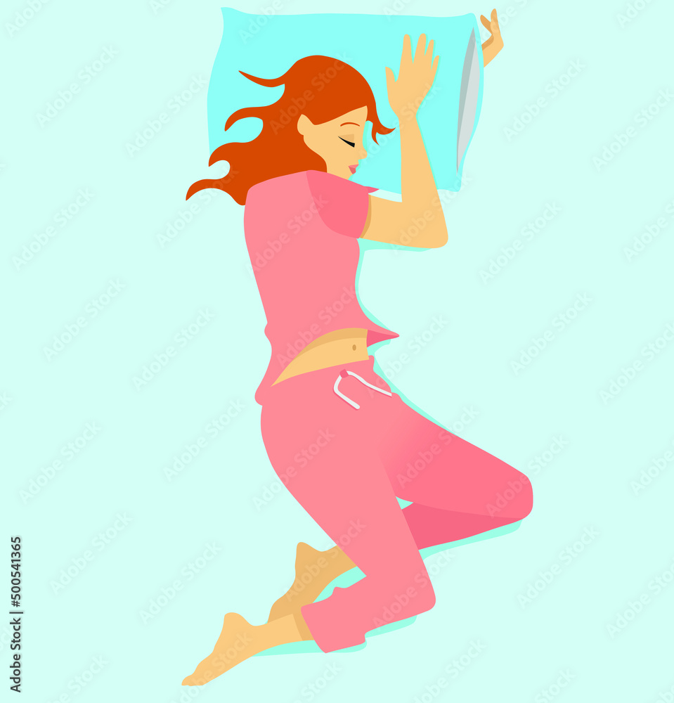 top view of woman sleeping on a bed in his bedroom at night in pink pajama. Sleeping well. Cartoon, vector illustration
top view of woman sleeping on a bed in his bedroom at night in pink pajama. Sleeping well. Cartoon, vector illustration