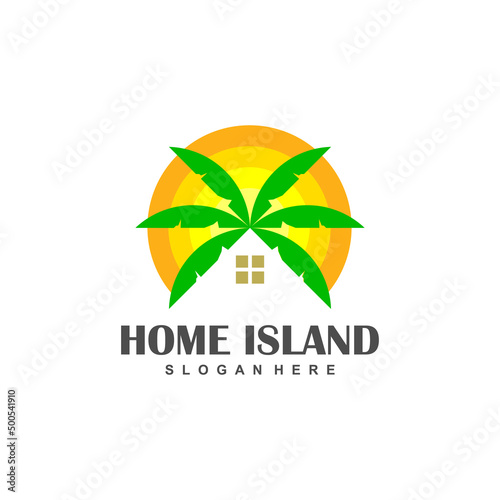 simple house with palm tree logo vector, tropical island beach home or hotel icon design illustration