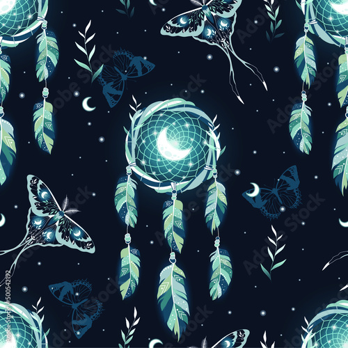 Vector seamless pattern with mystical celestial elements, dreamcatcher, crescent moon, hanging feathers. Backdrop for wrapping paper, scrapbooking, fabric, textiles, wallpaper, pillows