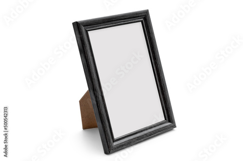 Plastic frame for photo with stand on white background.