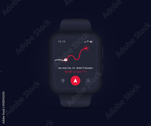 Smartwatch Map GPS navigation app ux ui concept, clock map application, App search map wristwatch, Technology map, City navigate wrist, City street, gps tracking, Location tracker, Vector illustration