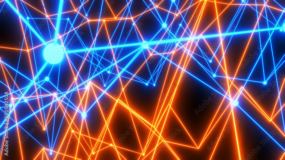 Abstract technology background with neon glowing lines on black, orange blue striped sci fi  3D render background.