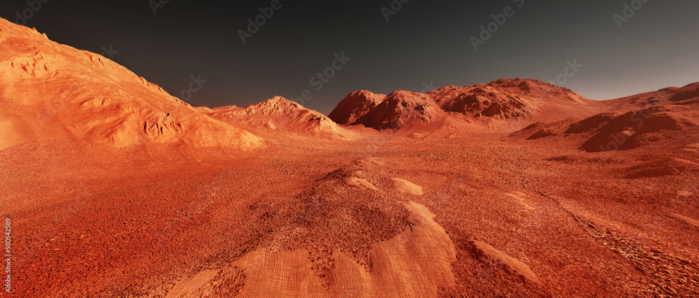Mars planet landscape, 3d render of imaginary mars planet terrain, orange eroded desert mountains, realistic science fiction illustration. - obrazy, fototapety, plakaty 