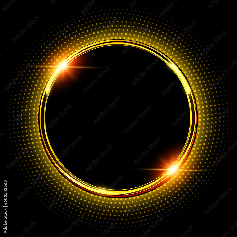 Obraz premium Gold sparkling ring with glitter on black background. Vector shiny button with golden halftone, dots pattern around, vector illustration.