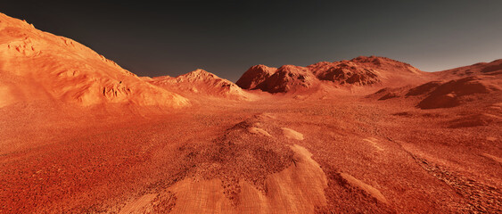 Crédence de cuisine Rouge Mars planet landscape, 3d render of imaginary mars planet terrain, orange eroded desert mountains, realistic science fiction illustration.  © Cobalt
