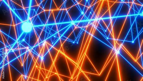Abstract technology background with neon glowing lines on black, orange blue striped sci fi  3D render background. © Cobalt