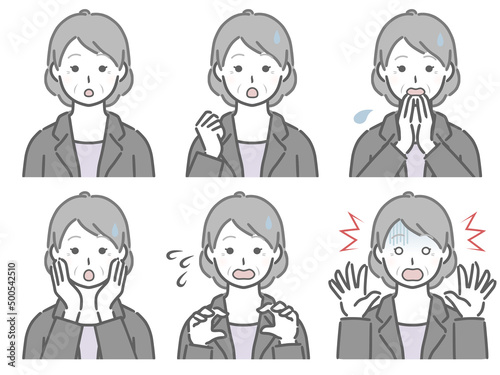 驚く表情の強弱　スーツの高齢女性