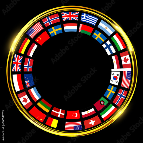 Gold button with international flags around, golden shiny ring on black background, vector business concept design.