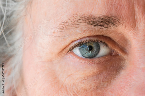 close up of macro shot elderly man two brown eyes with pupil and iris photo