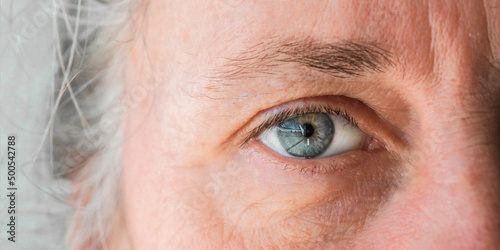 close up of macro shot elderly man two brown eyes with pupil and iris