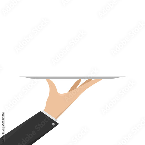 Serving food icon. Sign hand of waiter with serving tray. Waiter serving