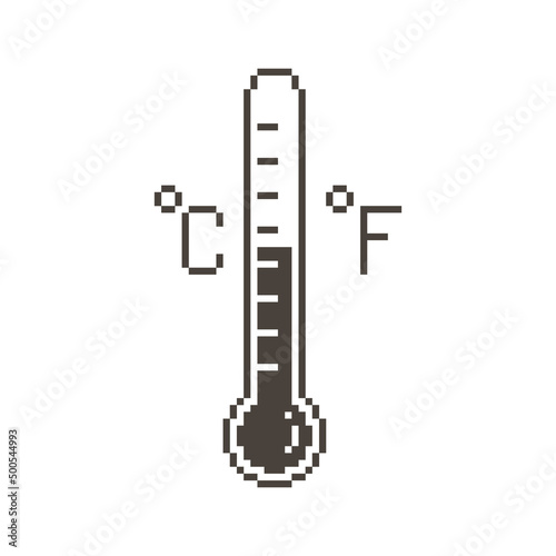 monochrome simple vector flat pixel art sign of thermometer with scale and Celsius and Fahrenheit icon