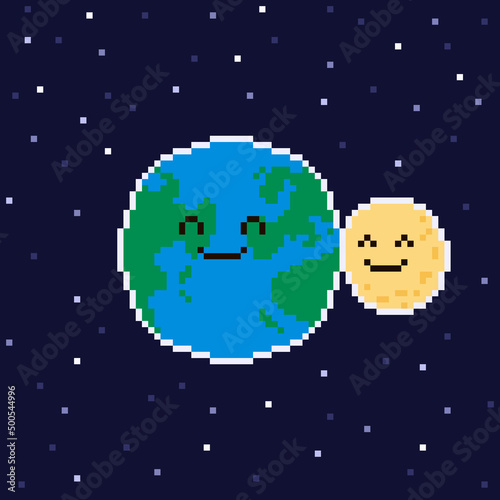 colorful simple vector flat pixel art illustration of cartoon cute hug planet earth and moon