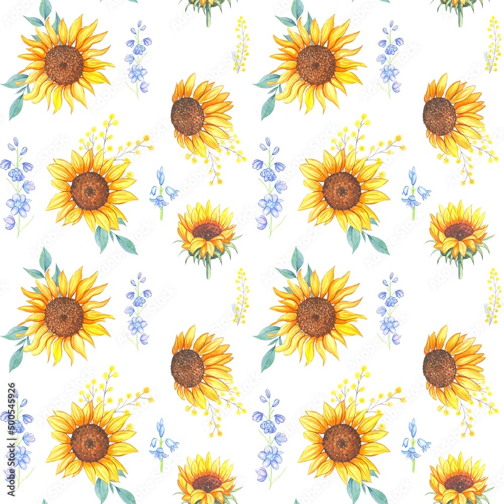 Watercolor sunflowers seamless pattern on white background Watercolor sunflowers seamless pattern on white background